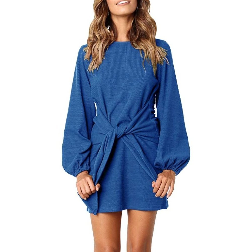Women's Royal Blue Long Sleeves Tie Waist Sweater Dress